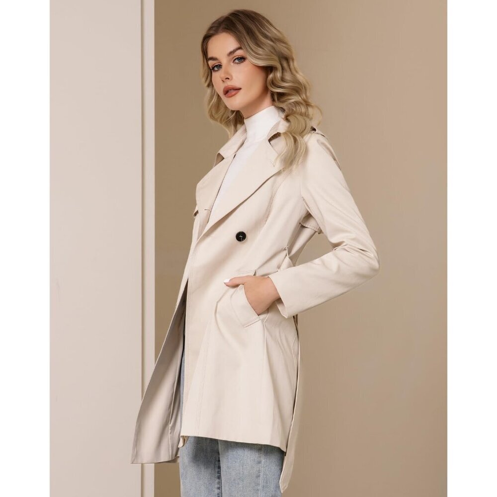 Women's Beige Trench Coat Classic Double Breasted Lapel Windbreak Midi Outerwear - Picture 5 of 6